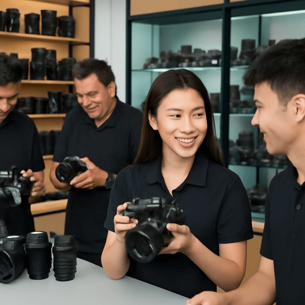 พนักงานร้านถ่ายรูปกำลังประเมินกล้องที่หน้าร้านในขอนแก่น