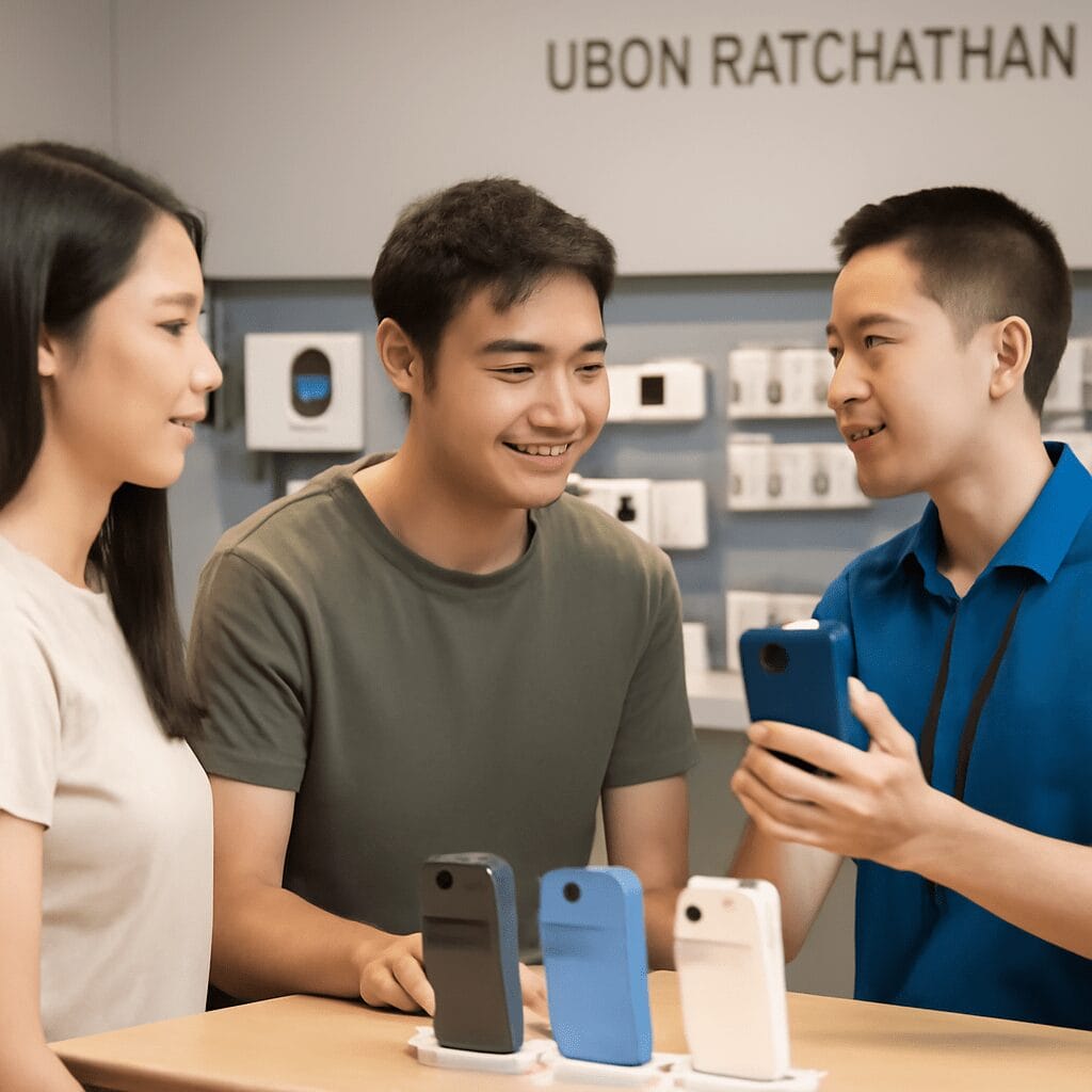ลูกค้าพูดคุยกับพนักงานรับซื้อ iPhone